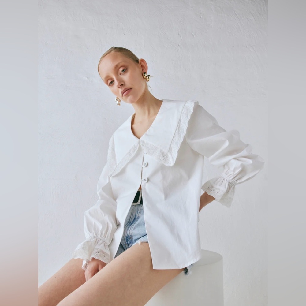 White Lace-Trim Peter Pan Collar Blouse